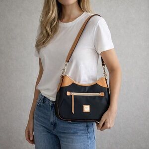 Dooney & Bourke Tan and Black Patent Leather Shoulder Bag